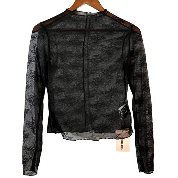 Women's NWT Black Lace Semi Sheer Long Sleeve Top - Picture 1 of 8